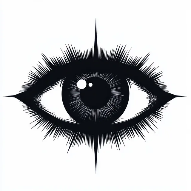 Black and white stylized eye with radiating sharp spikes and centered pupil graphic