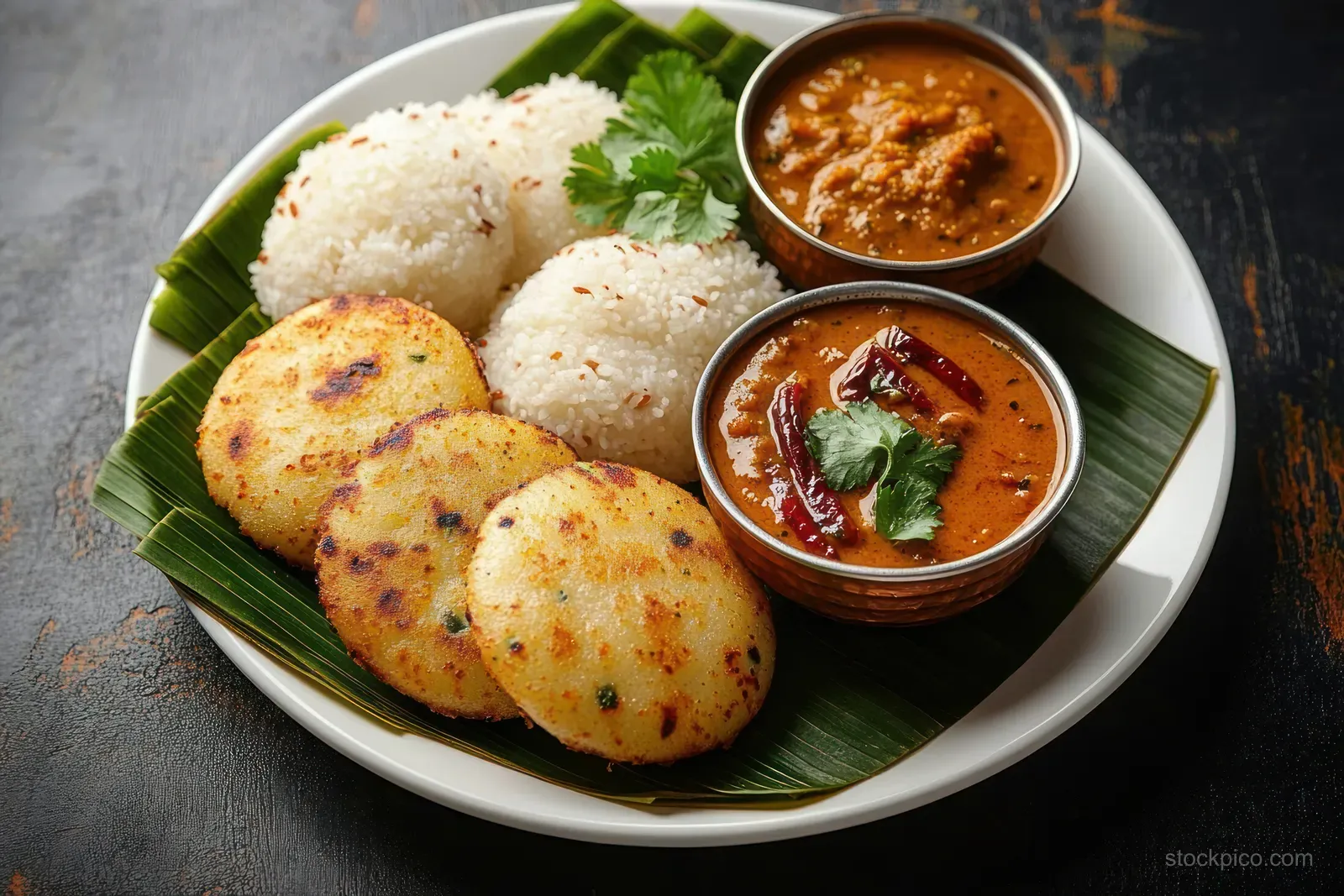 Idli and crispy uttapam sit on a banana leaf with two bowls of sambar chutney and cilantro garnish on a white plate.