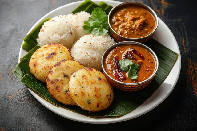 Idli and crispy uttapam sit on a banana leaf with two bowls of sambar chutney and cilantro garnish on a white plate.