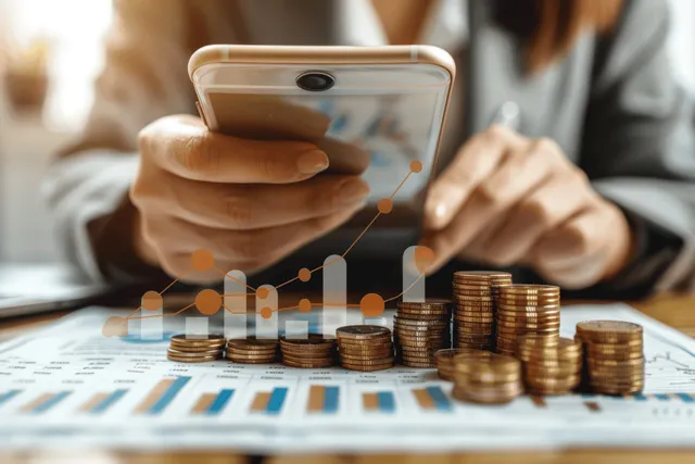 Investor reviews stock charts on phone while coins and bond-like stack sit on desk