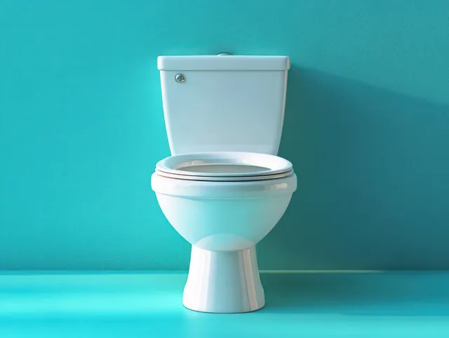 Open white porcelain toilet bowl with lid against a smooth turquoise wall and floor.