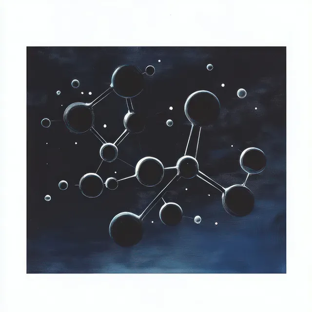 Abstract 3D molecular network with dark blue spheres and glowing connecting bonds with Data Like Structure