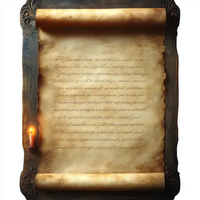 Antique parchment scroll with ornate frame and flowing handwritten calligraphy by warm candlelight