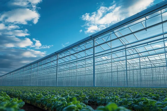 Green leafy plants grow in rows inside a large glass greenhouse under a cloudy sky.