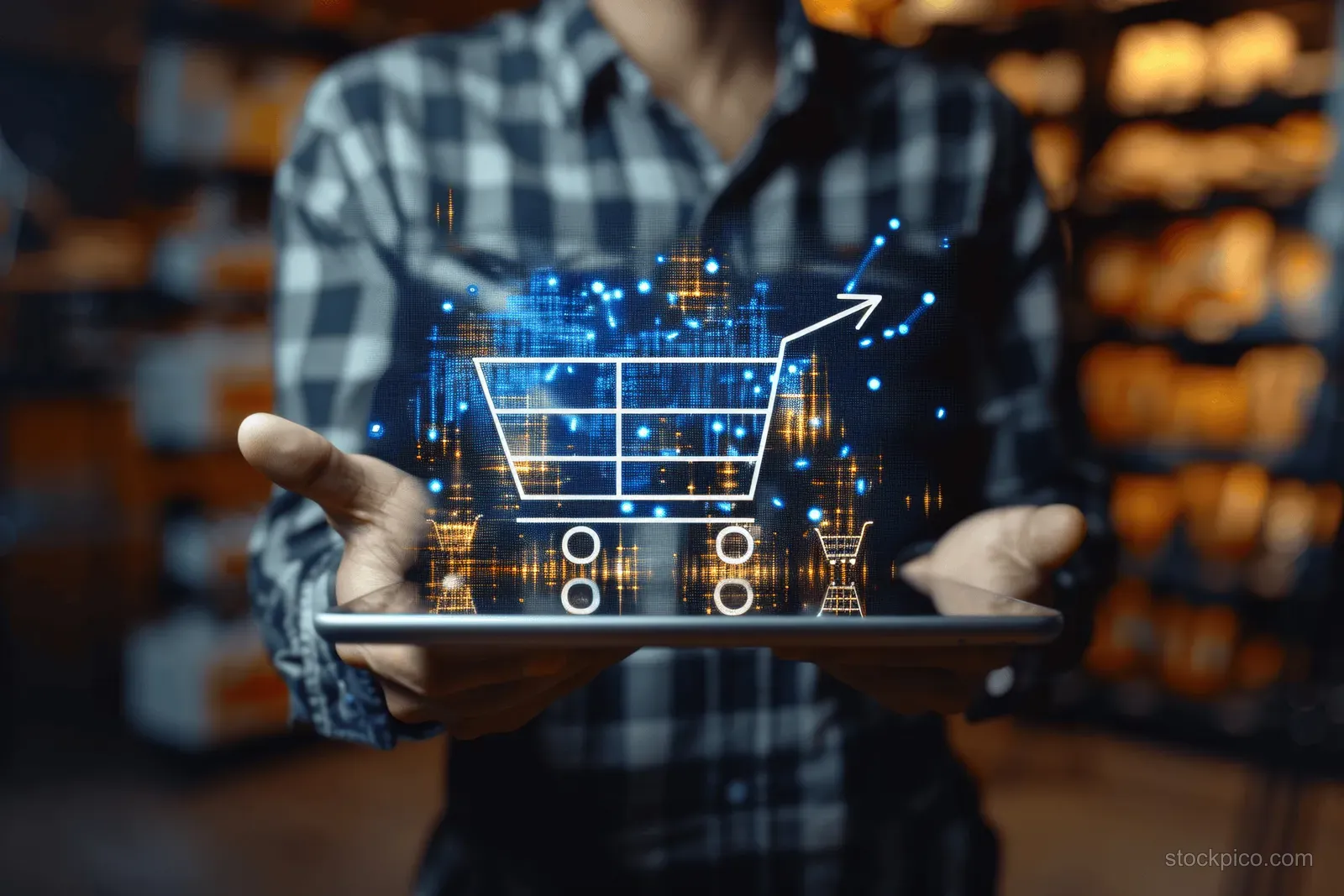 A businessman holds a tablet displaying a rising growth graph and shopping cart icon over a blurred store background.
