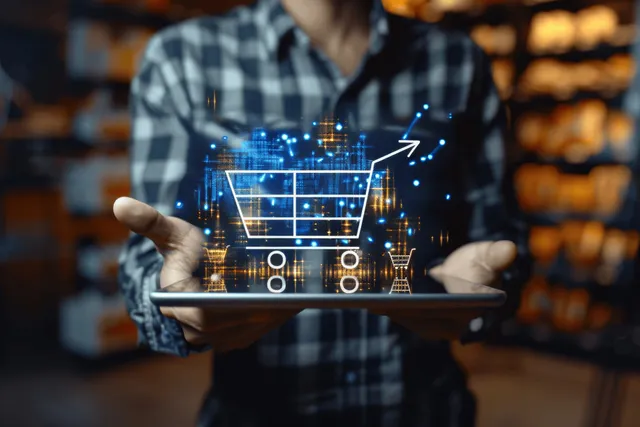 Businessman holding tablet with rising growth graph overlay and shopping cart icon