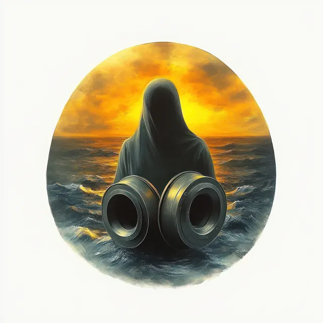 Hooded figure with mechanical gas mask filters facing stormy ocean at orange sunset horizon