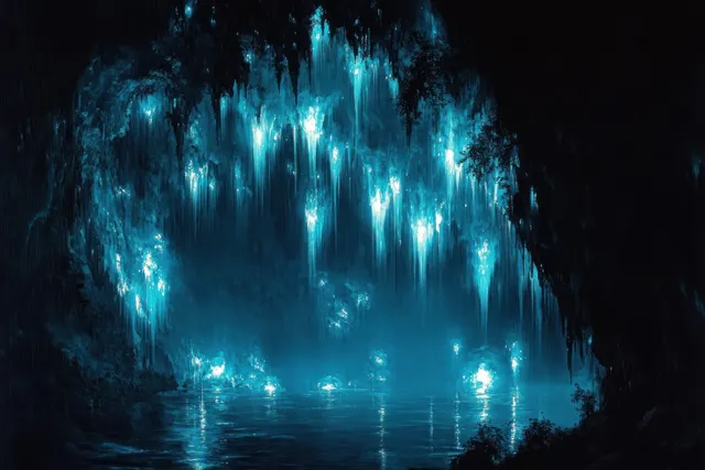 Blue glowing bioluminescent cave interior with dripping stalactites and still water reflecting the light.