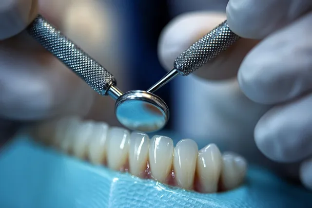 Gloved dentist hands using mirror and probe to inspect artificial teeth in clinic lighting