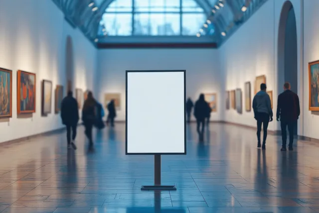 Empty white signboard on a stand in an art gallery corridor with visitors walking past framed paintings under a skylight.