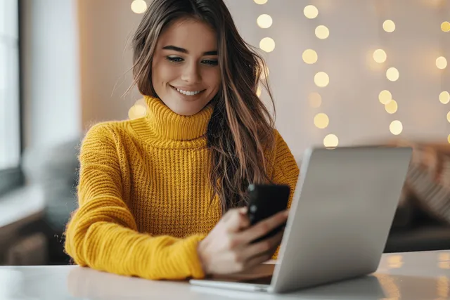 Woman in a yellow sweater holds a smartphone and types on a laptop at a white table with warm bokeh lights behind her.