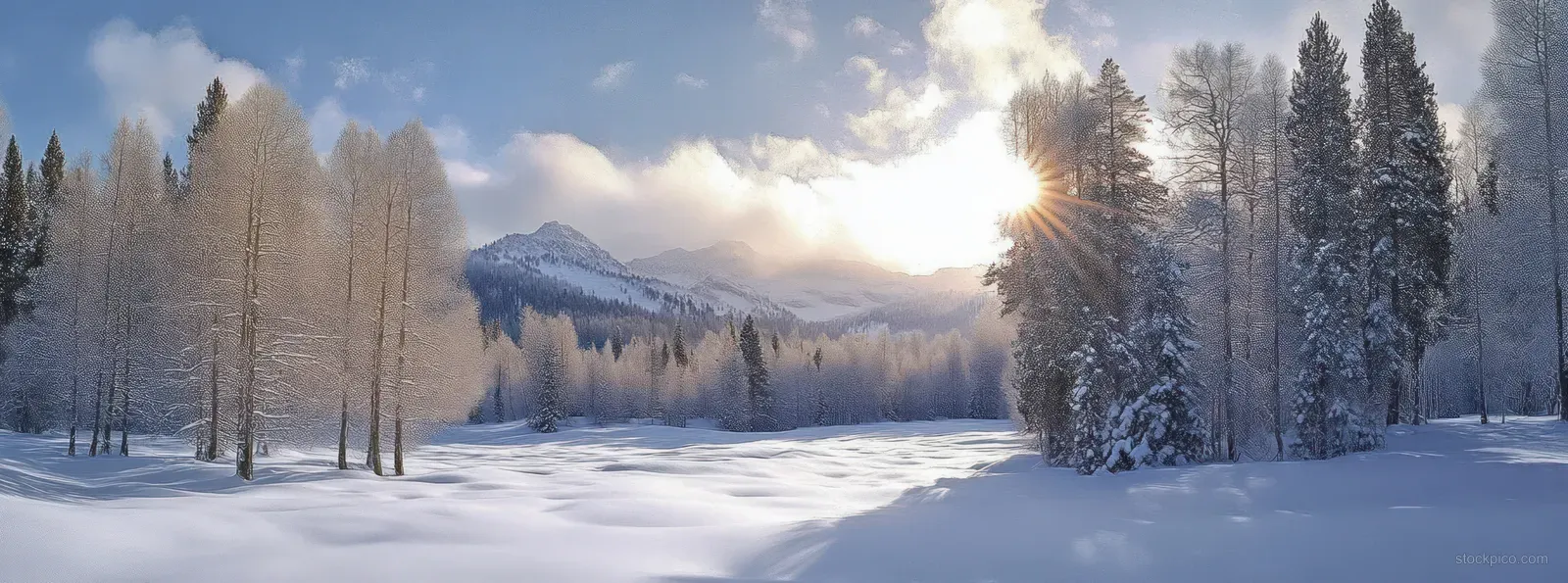 Winter sunrise over a snowfield with frost-covered trees and distant mountains beneath a clear blue sky.