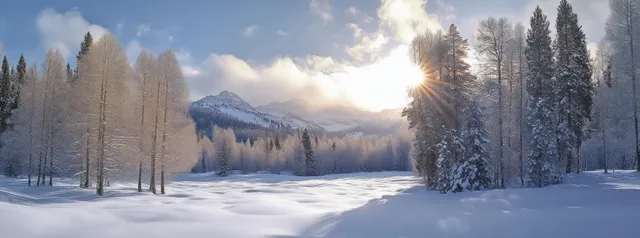 Winter sunrise lighting snowfield, frost trees, and distant mountain peaks under clear blue sky