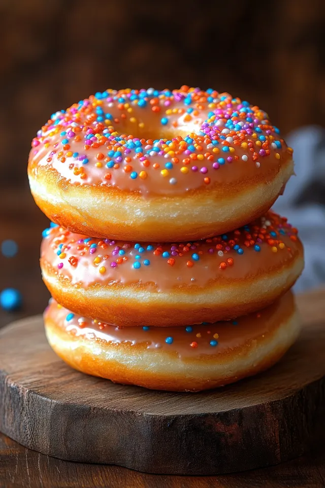 Three stacked glazed donuts on a rustic wooden board, covered with colorful sprinkles.