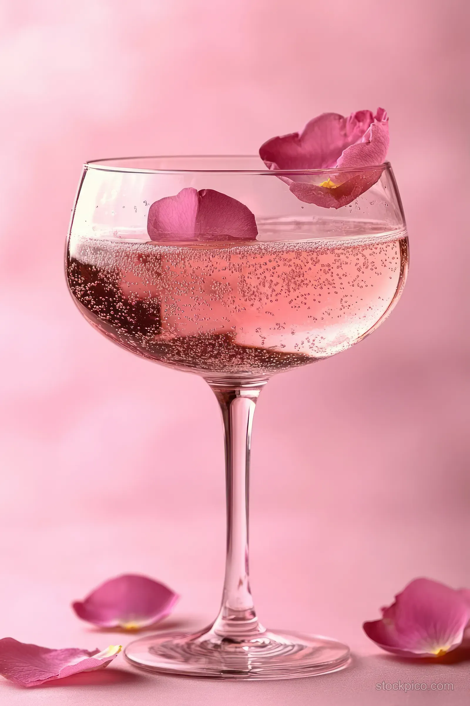 A sparkling pink drink in a coupe glass sits on a soft pink background with flower petals floating on top.