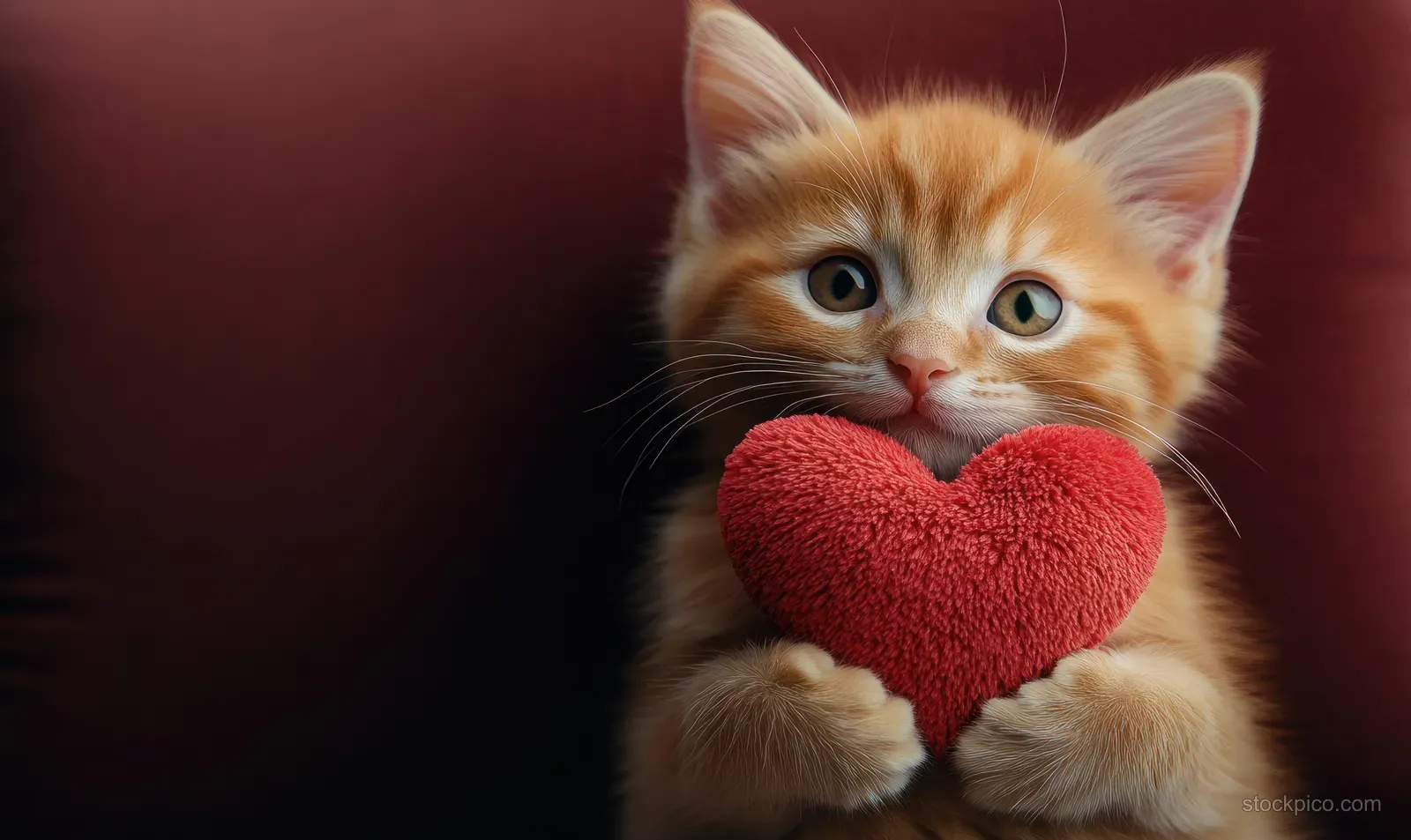 An orange kitten holds a red heart plush close to its chest against a dark maroon background.