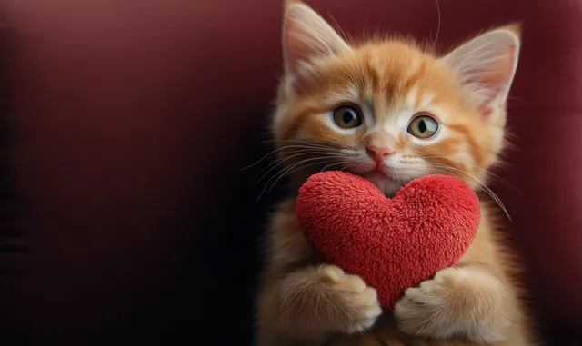 An orange kitten holds a red heart plush close to its chest against a dark maroon background.
