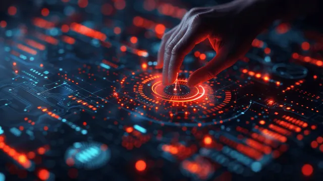 Hand placing glowing marker on digital finance dashboard data points