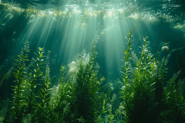 Underwater seagrass close-up swaying in blue water with blurred fish silhouettes and sun rays