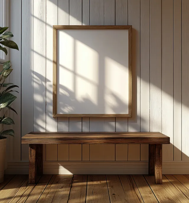 Blank canvas frame mounted on a white wooden wall above a wooden bench with sunlight shadows.