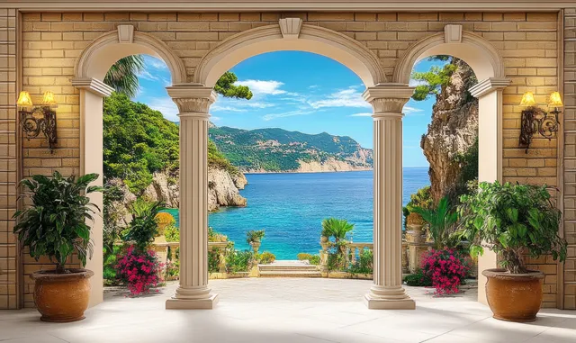 Sunlit Mediterranean courtyard with archway columns, potted plants, and a framed blue sea view beyond.