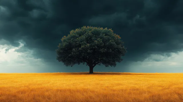 Solitary tree stands in golden field under looming storm clouds and dark horizon