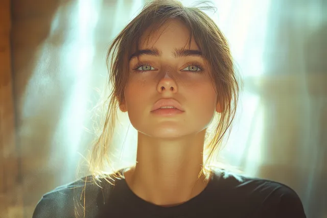 Young man in a black t-shirt gazes upward in soft natural light with a dreamy, calm expression indoors.