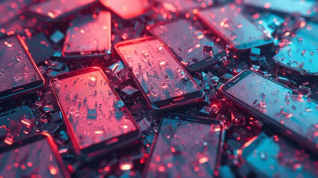 A heap of broken smartphones with blank screens and visible internal parts sits on a dark table.