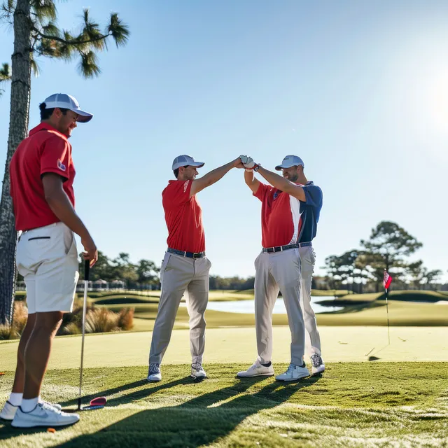 Three golfers in red shirts fist bump on a sunny golf green with a flag in the background.