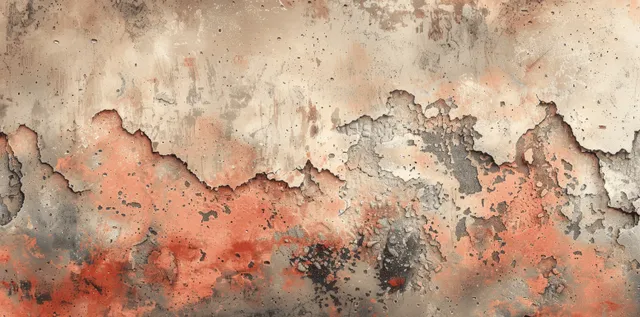 Rust-brown and beige weathered plaster wall with chipped limewash and scattered speckles across a worn surface.