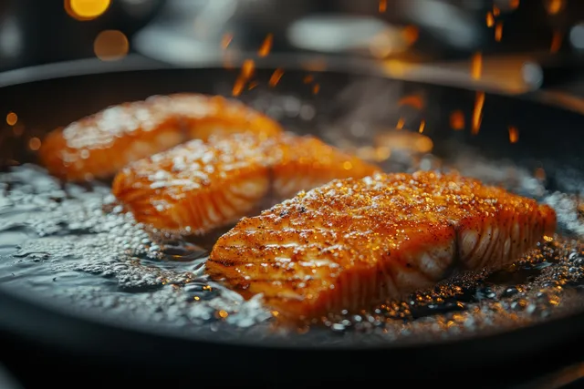 Crispy fish fillets frying in a skillet, golden batter sizzling in a rustic kitchen