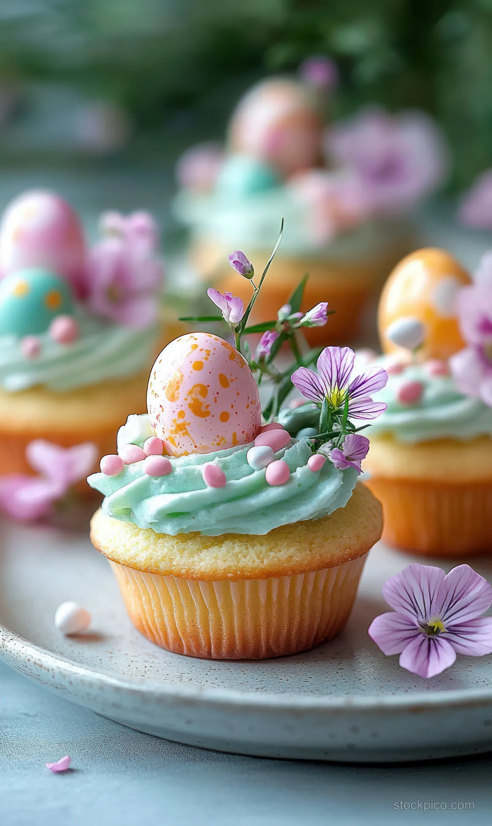 Vanilla cupcake with pastel green frosting, speckled candy eggs, pink sugar pearls, and purple flowers on a plate.