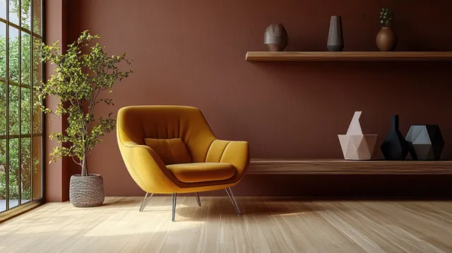 Yellow armchair beside a window with warm sunlight and dark wooden shelves holding small decorative vases.