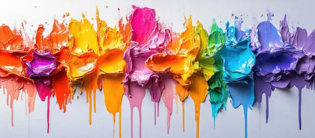 Colorful paint drips and splashes flow down a white canvas, creating glossy abstract streaks and blobs.