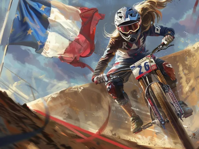 A French BMX racer is airborne over a dirt ramp with dust trailing and a waving tricolor flag behind.