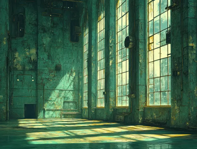 A cyberpunk industrial room with tall windows, neon light beams, and long shadows across a wet floor.
