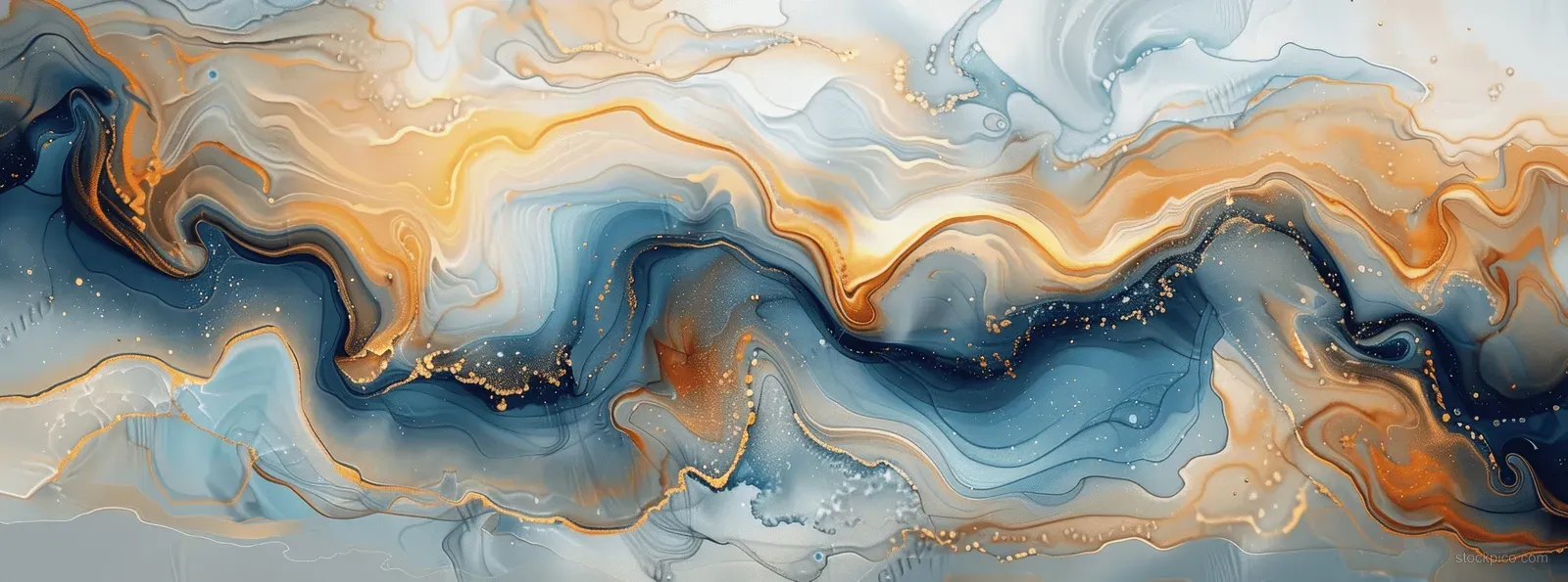 Abstract marbled swirls of blue, beige, gray, and gold across a white background.
