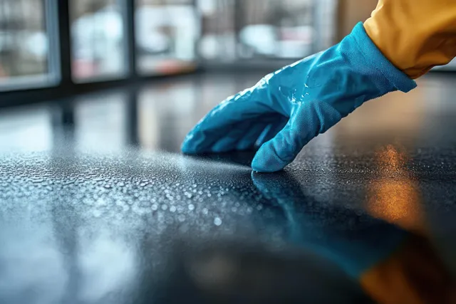 Gloved hand wipes a kitchen table while disinfectant spray droplets bead on the dark surface.