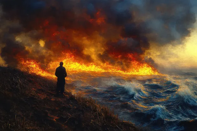 Silhouetted person watching wildfire spread beside stormy ocean waves