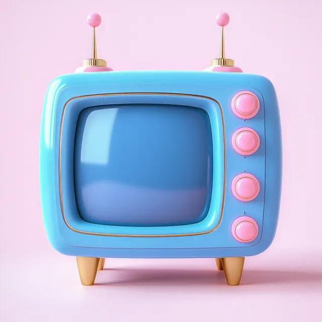 Pequeño televisor retro azul con pantalla redondeada y botones de control rosas sobre un fondo rosa claro.