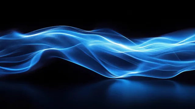 Flowing blue light waves undulate across a dark background with glowing neon ribbons