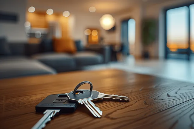 Apartment keys on a wooden table with a blurred modern living room in the background.