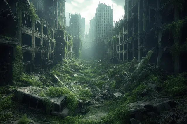 Foggy post-apocalyptic city street overrun with green vines and rubble beneath dramatic light.
