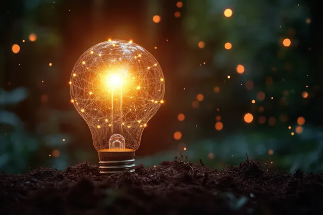 A glowing light bulb in dark soil emits connected network sparks amid warm particles at dusk.