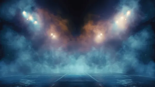 Bright stadium floodlights shine through blue fog and smoke above an empty dark arena.