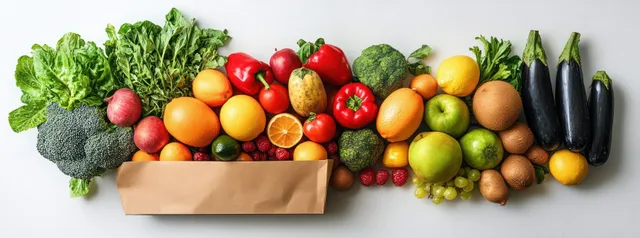 Assorted fresh fruits and vegetables in paper bag on white background with Healthy Eating