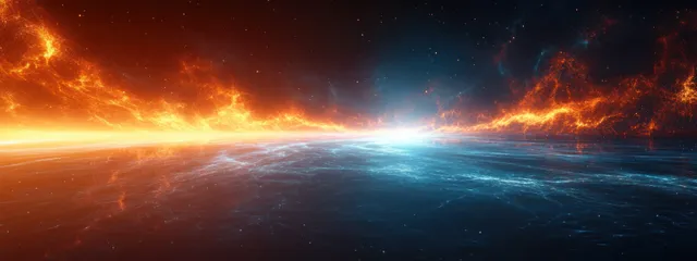 Futuristic space horizon with blue lens flare and glowing light streaks over a dark planetary landscape.