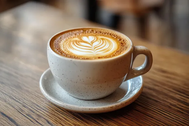 Cappuccino with latte art in ceramic cup on rustic wooden table in cozy cafe