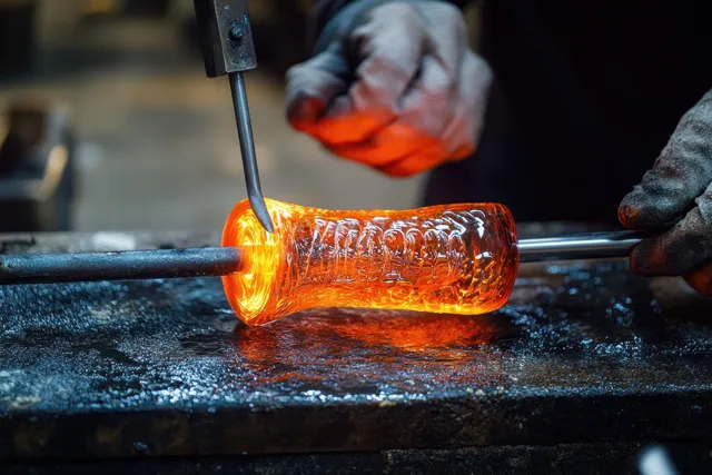 A glassblower shapes glowing molten glass with a metal rod on a workbench while other hands hold tools.