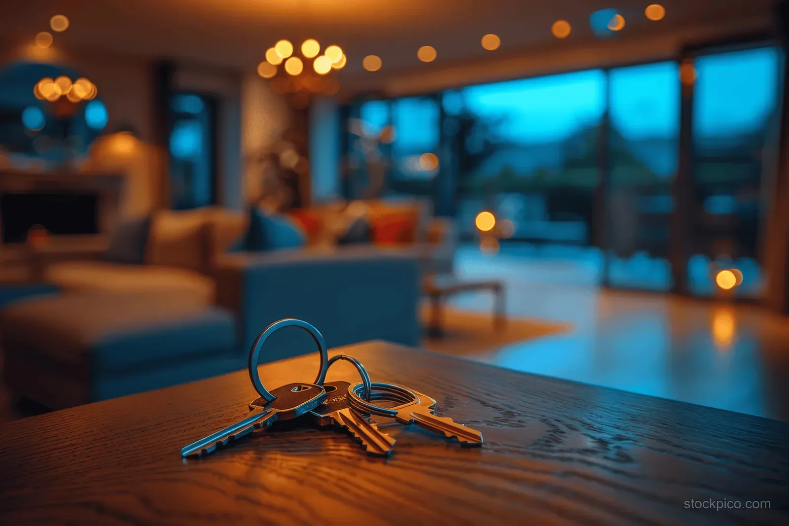 Metal keys sit on a wooden table with a softly blurred open-plan living room behind them.